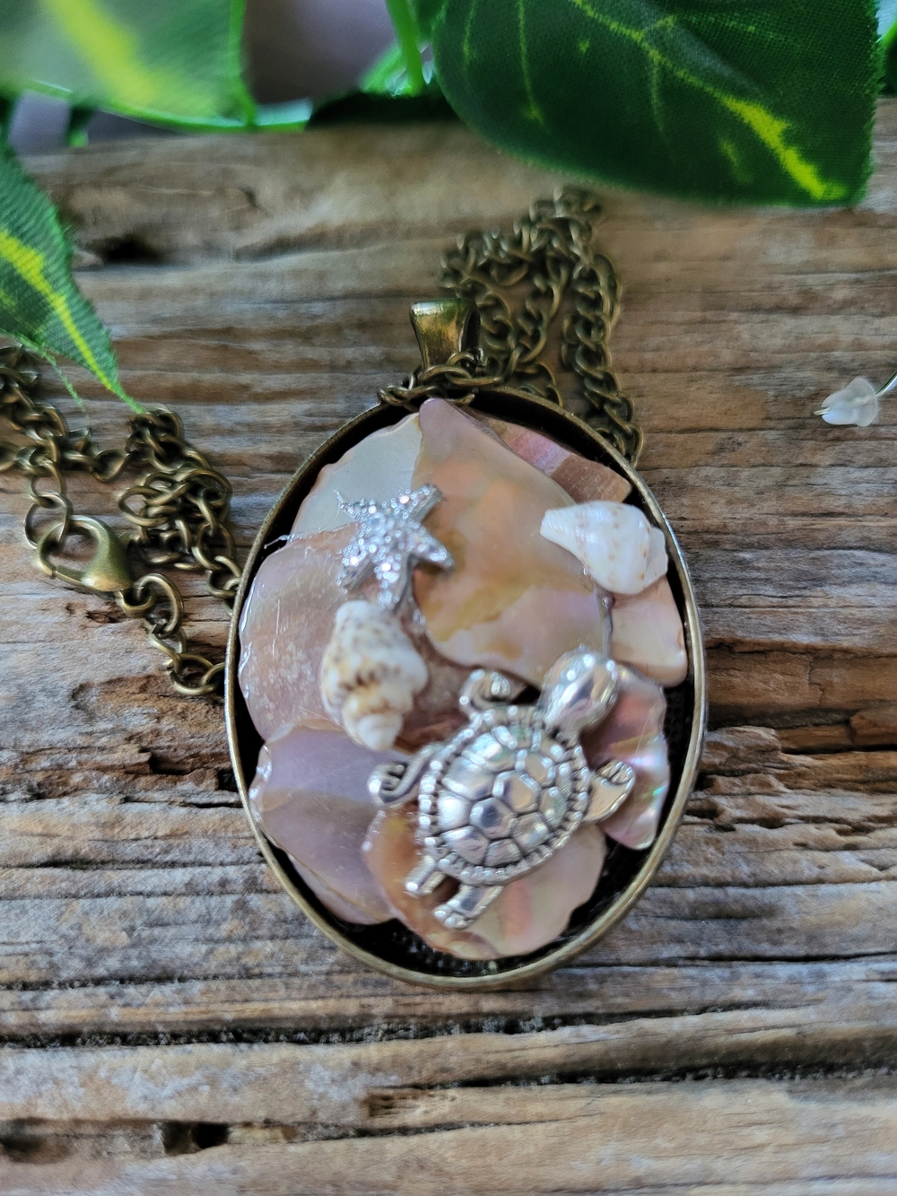 Sea Turtle Shell Pendant Necklace - Abalone With Charms